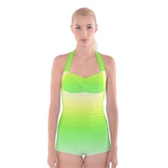 Lemon Yellow And Lime Green Gradient Ombre Color Boyleg Halter Swimsuit  by SpinnyChairDesigns