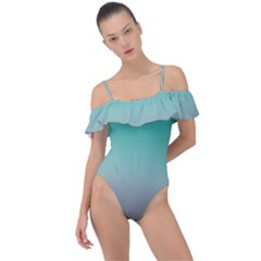 Teal Green And Grey Gradient Ombre Color Frill Detail One Piece Swimsuit by SpinnyChairDesigns