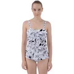 Black And White Music Notes Twist Front Tankini Set by SpinnyChairDesigns