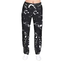 Black And White Music Notes Women Velvet Drawstring Pants by SpinnyChairDesigns