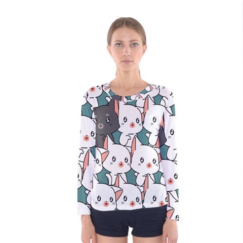 Seamless-cute-cat-pattern-vector Women s Long Sleeve Tee by Sobalvarro