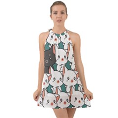 Seamless-cute-cat-pattern-vector Halter Tie Back Chiffon Dress by Sobalvarro