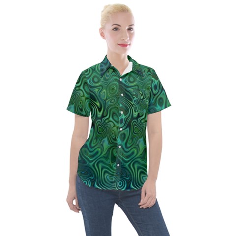 Emerald Green Blue Marbled Color Women s Short Sleeve Pocket Shirt by SpinnyChairDesigns