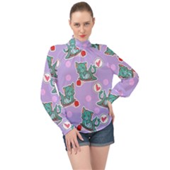 Playing Cats High Neck Long Sleeve Chiffon Top by Sobalvarro