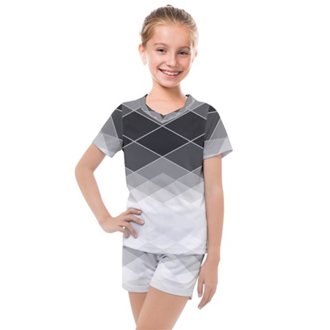 Black White Grey Color Diamonds Kids  Mesh Tee And Shorts Set by SpinnyChairDesigns