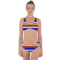Red And Blue Contrast Yellow Stripes Criss Cross Bikini Set by tmsartbazaar