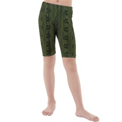 Army Green Color Batik Kids  Mid Length Swim Shorts by SpinnyChairDesigns