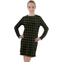 Army Green Black Buffalo Plaid Long Sleeve Hoodie Dress by SpinnyChairDesigns