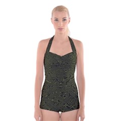 Army Green And Black Stripe Camo Boyleg Halter Swimsuit  by SpinnyChairDesigns