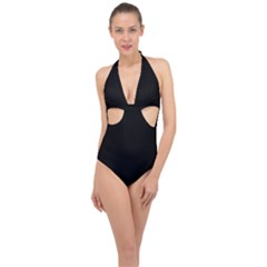 True Black Solid Color Halter Front Plunge Swimsuit by SpinnyChairDesigns