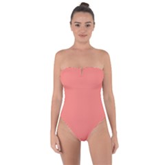 True Coral Pink Color Tie Back One Piece Swimsuit by SpinnyChairDesigns