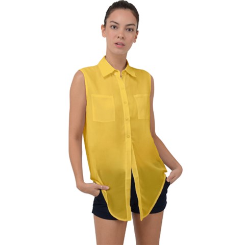 True Saffron Yellow Color Sleeveless Chiffon Button Shirt by SpinnyChairDesigns