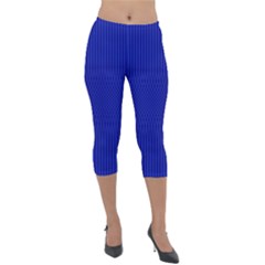 Cobalt Blue Color Stripes Lightweight Velour Capri Leggings  by SpinnyChairDesigns