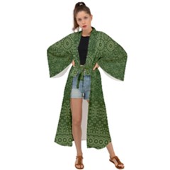 Boho Fern Green Pattern Maxi Kimono by SpinnyChairDesigns