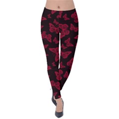 Red And Black Butterflies Velvet Leggings by SpinnyChairDesigns