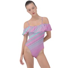 Turquoise And Pink Striped Frill Detail One Piece Swimsuit by SpinnyChairDesigns