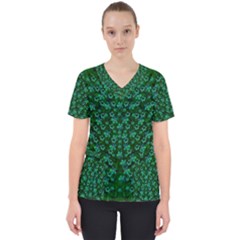 Leaf Forest And Blue Flowers In Peace Women s V-neck Scrub Top by pepitasart