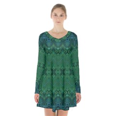 Boho Emerald Green And Blue  Long Sleeve Velvet V-neck Dress by SpinnyChairDesigns