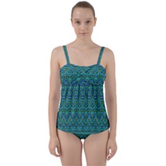 Boho Teal Green Blue Pattern Twist Front Tankini Set by SpinnyChairDesigns