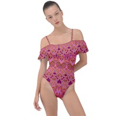 Boho Pink Pattern Frill Detail One Piece Swimsuit by SpinnyChairDesigns