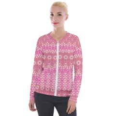 Boho Pink Floral Pattern Velour Zip Up Jacket by SpinnyChairDesigns