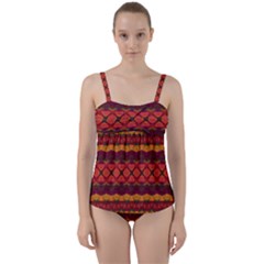 Boho Red Gold Twist Front Tankini Set by SpinnyChairDesigns