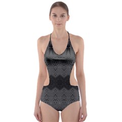 Boho Black Grey Pattern Cut-out One Piece Swimsuit by SpinnyChairDesigns