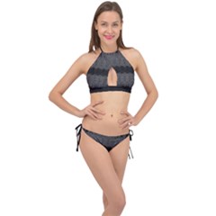 Boho Black Grey Pattern Cross Front Halter Bikini Set by SpinnyChairDesigns