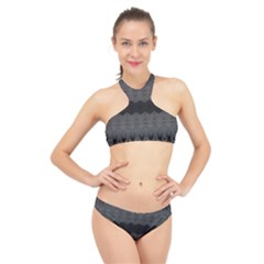 Boho Black Grey Pattern High Neck Bikini Set by SpinnyChairDesigns