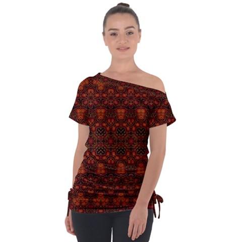 Boho Dark Red Floral Tie-up Tee by SpinnyChairDesigns