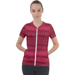 Crimson Red Pattern Short Sleeve Zip Up Jacket by SpinnyChairDesigns