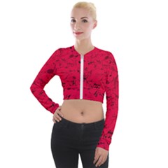 Scarlet Red Music Notes Long Sleeve Cropped Velvet Jacket by SpinnyChairDesigns