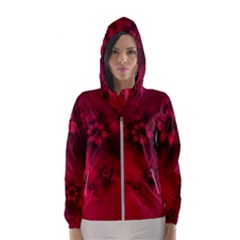 Scarlet Red Floral Print Women s Hooded Windbreaker by SpinnyChairDesigns