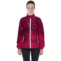 Scarlet Red Floral Print Women s High Neck Windbreaker by SpinnyChairDesigns