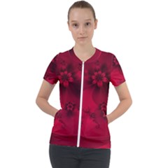 Scarlet Red Floral Print Short Sleeve Zip Up Jacket by SpinnyChairDesigns