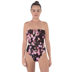 Pink Lilies On Black Tie Back One Piece Swimsuit by SpinnyChairDesigns