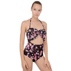 Pink Lilies On Black Scallop Top Cut Out Swimsuit by SpinnyChairDesigns