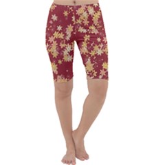 Gold And Tuscan Red Floral Print Cropped Leggings  by SpinnyChairDesigns