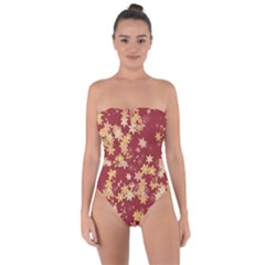 Gold And Tuscan Red Floral Print Tie Back One Piece Swimsuit by SpinnyChairDesigns