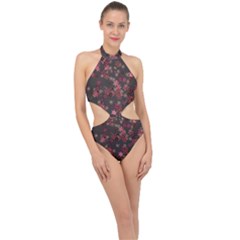 Pink Wine Floral Print Halter Side Cut Swimsuit by SpinnyChairDesigns