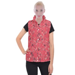 Red Wildflower Floral Print Women s Button Up Vest by SpinnyChairDesigns
