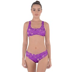 Gold Purple Floral Print Criss Cross Bikini Set by SpinnyChairDesigns