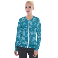 Teal Blue Floral Print Velour Zip Up Jacket by SpinnyChairDesigns