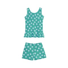Biscay Green White Floral Print Kids  Boyleg Swimsuit by SpinnyChairDesigns