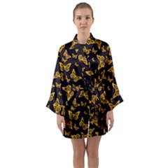 Black Gold Butterfly Print Long Sleeve Satin Kimono by SpinnyChairDesigns
