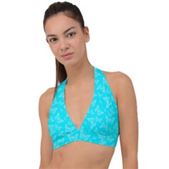 Aqua Blue Butterfly Print Halter Plunge Bikini Top by SpinnyChairDesigns