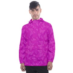 Fuchsia Butterfly Print  Men s Front Pocket Pullover Windbreaker by SpinnyChairDesigns