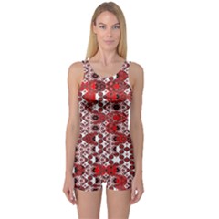 Red Black Checkered One Piece Boyleg Swimsuit by SpinnyChairDesigns