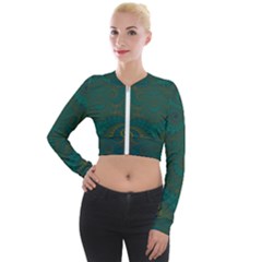 Teal Green Spirals Long Sleeve Cropped Velvet Jacket by SpinnyChairDesigns