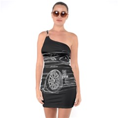 6-white-line-black-background-classic-car-original-handmade-drawing-pablo-franchi One Soulder Bodycon Dress by blackdaisy